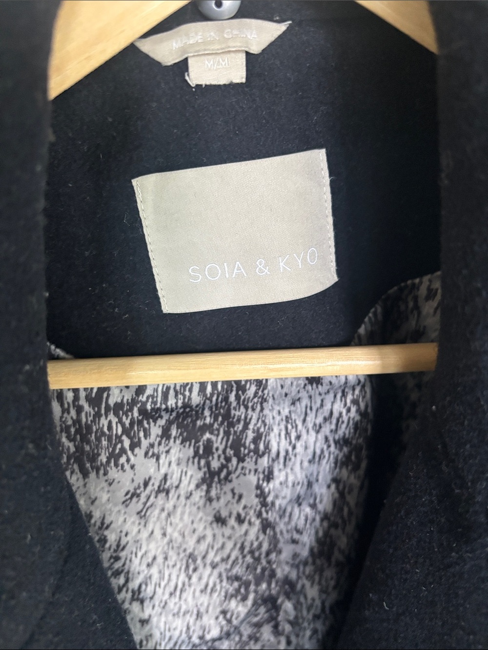 Wool Navy Soia & Kyo Black Pea Coat with Patterned Gray-White Lining
